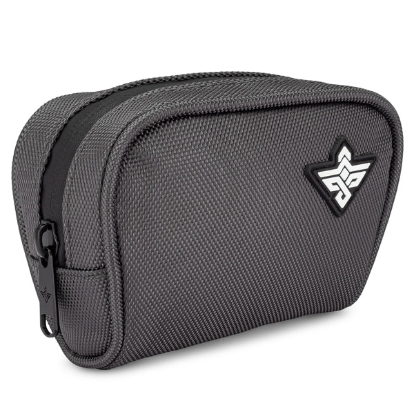 The Erozul Nano Small Smell Proof Slim Pack Pouch V2.0 is a compact, rectangular, dark gray pouch with a textured water-resistant finish and a white logo on the front.